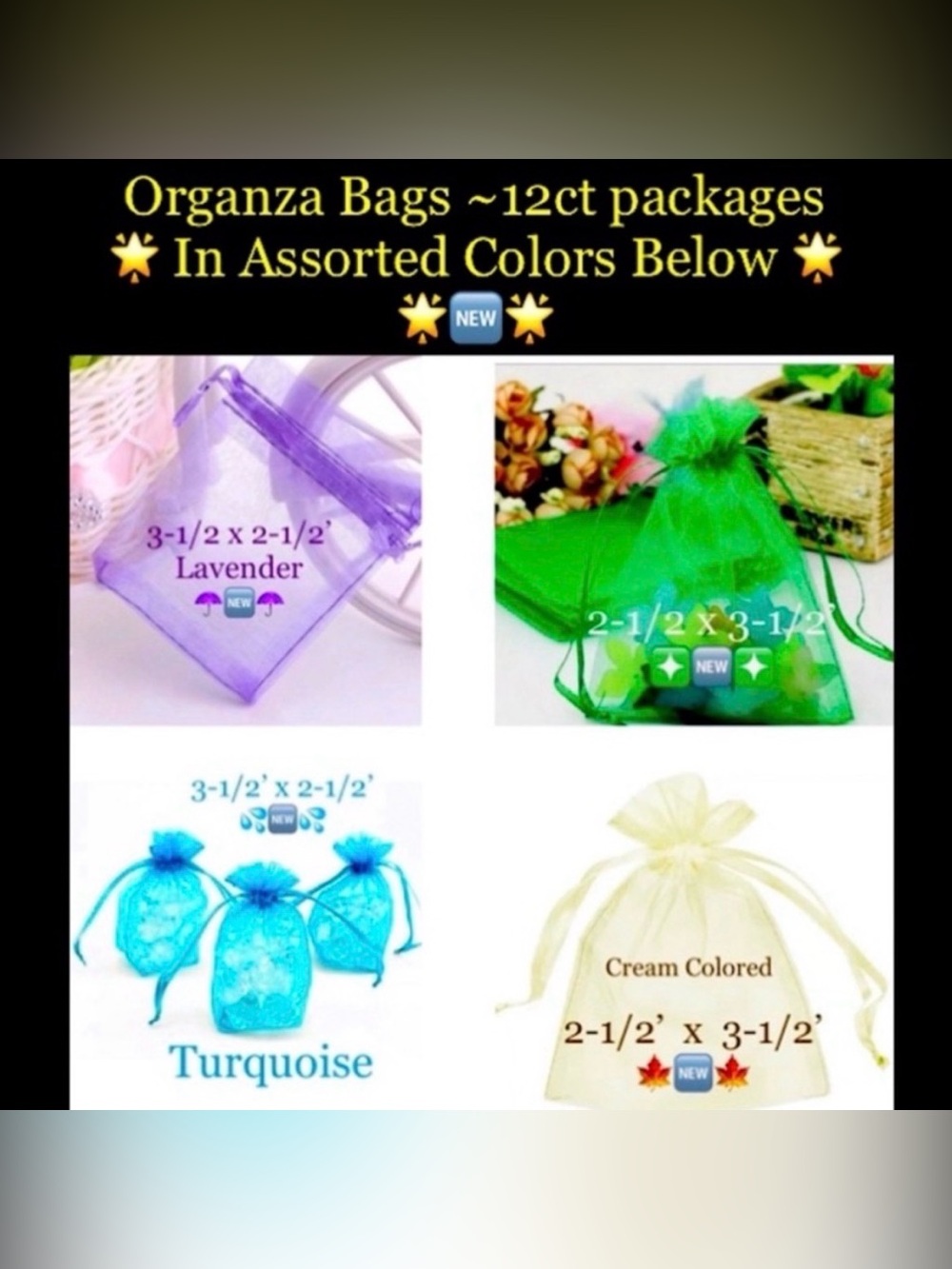 Organza Bags Assorted 3-1/2 x 2-1/2” ~ 12ct 🌟🆕🌟 4 Color Choice